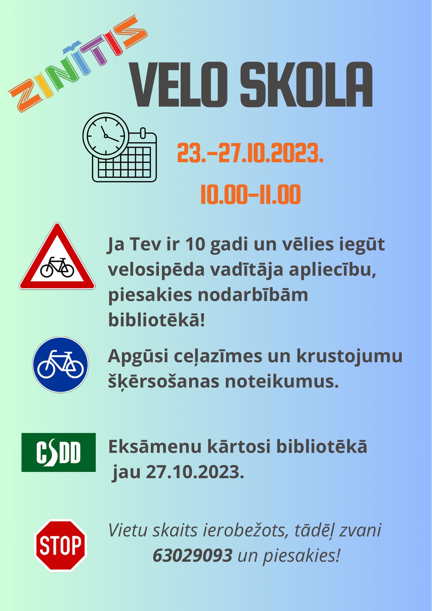 Bibliotēka “Zinītis” aicina pieteikties bezmaksas Veloskolas nodarbībām skolēnu brīvlaikā