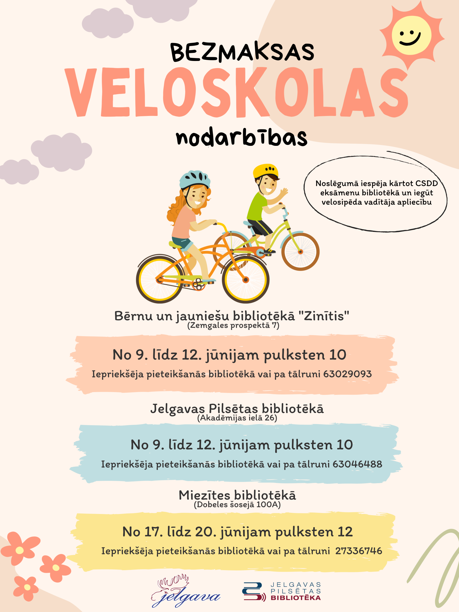 Bibliotēkas piedāvā bezmaksas Veloskolas nodarbības vasarā
