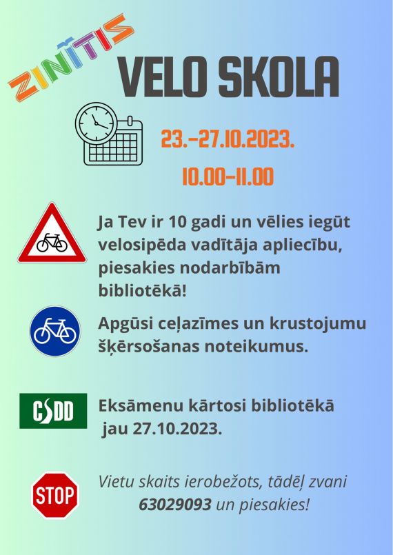 Bibliotēka “Zinītis” aicina pieteikties bezmaksas Veloskolas nodarbībām skolēnu brīvlaikā