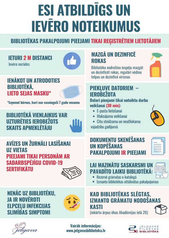 No 2021. gada 11. oktobra Jelgavas pilsētas bibliotēkas turpina apkalpot visus reģistrētus bibliotēku lietotājus